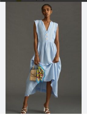 Maeve Light Blue Sleeveless Button-Front Apron Midi Dress
